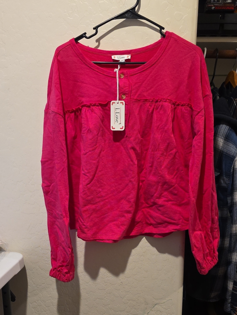 Love Bright Pink Long Sleeve Henley Top with Ruffle Detail
